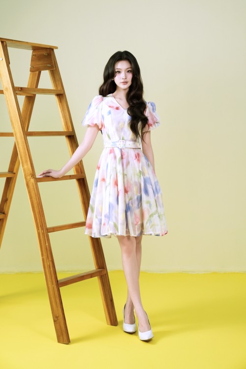 Sixdo Cream V-neck Organza Mini Dress